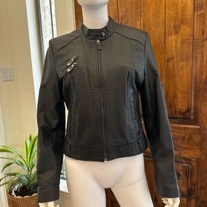 Genuine Black Leather Biker Jacket with Zip Accent Size M